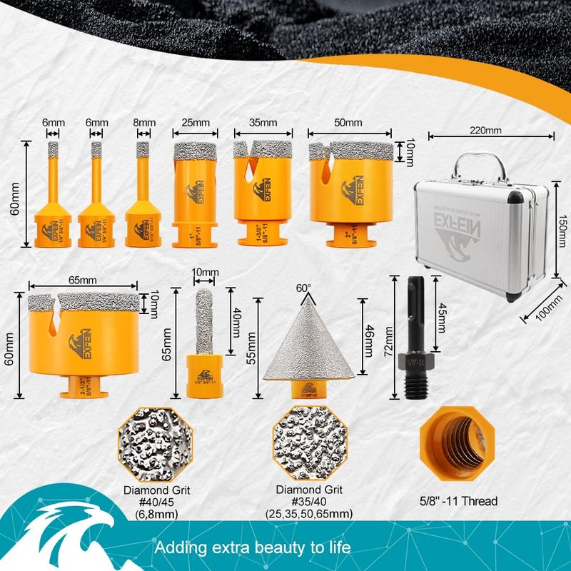 EXFEIN Diamond Tile Hole Saw Kit 10pcs - 6/6/8/25/35/50/65mm Diamond Core Drill Bits with 10mm Finger Bit and 50mm Chamfer Bit Trimming Holes and SDS Adapter for Tile Porcelain Marble - Image 2